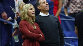 Jessica Seinfeld and Jerry Seinfeld look on prior to the Men’s Singles Final match between Casper Ruud of Norway and Carlos Alcaraz of Spain on Day Fourteen of the 2022 US Open at USTA Billie Jean King National Tennis Center on September 11, 2022 in the Flushing neighborhood of the Queens borough of New York City.