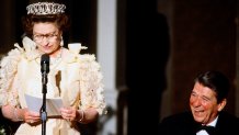 Queen Elizabeth ll makes a speech as President Ronald Reagan laughs during a banquet on March 3, 1983, in San Francisco, USA.
