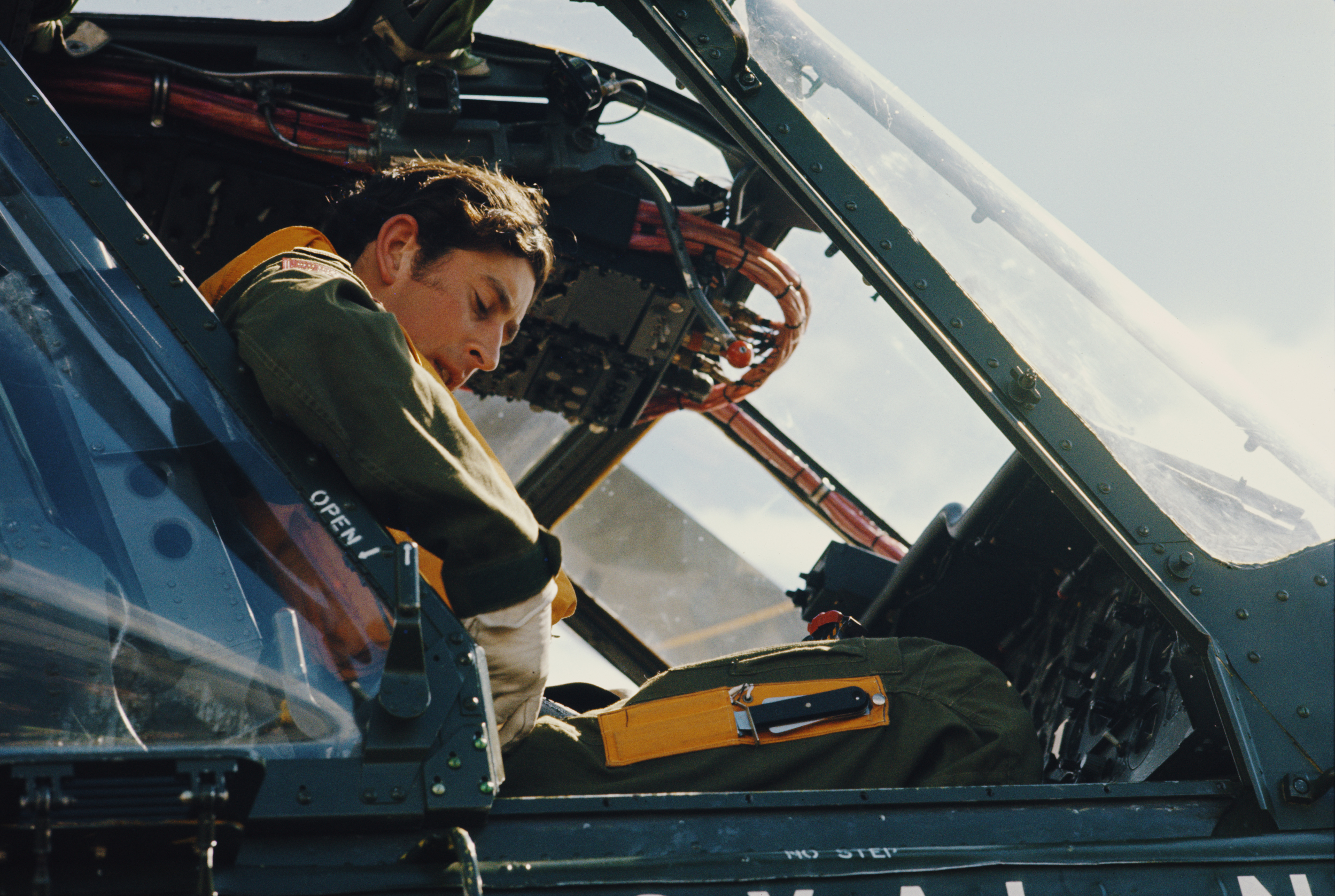 Charles, Prince of Wales sits in the cockpit of a Royal Navy Wessex helicopter, during a flying lesson at the Royal Naval Air Station in Yeovilton, Somerset, 1974. He served in the Royal Air Force and Royal Navy, reaching the rank of lieutenant.