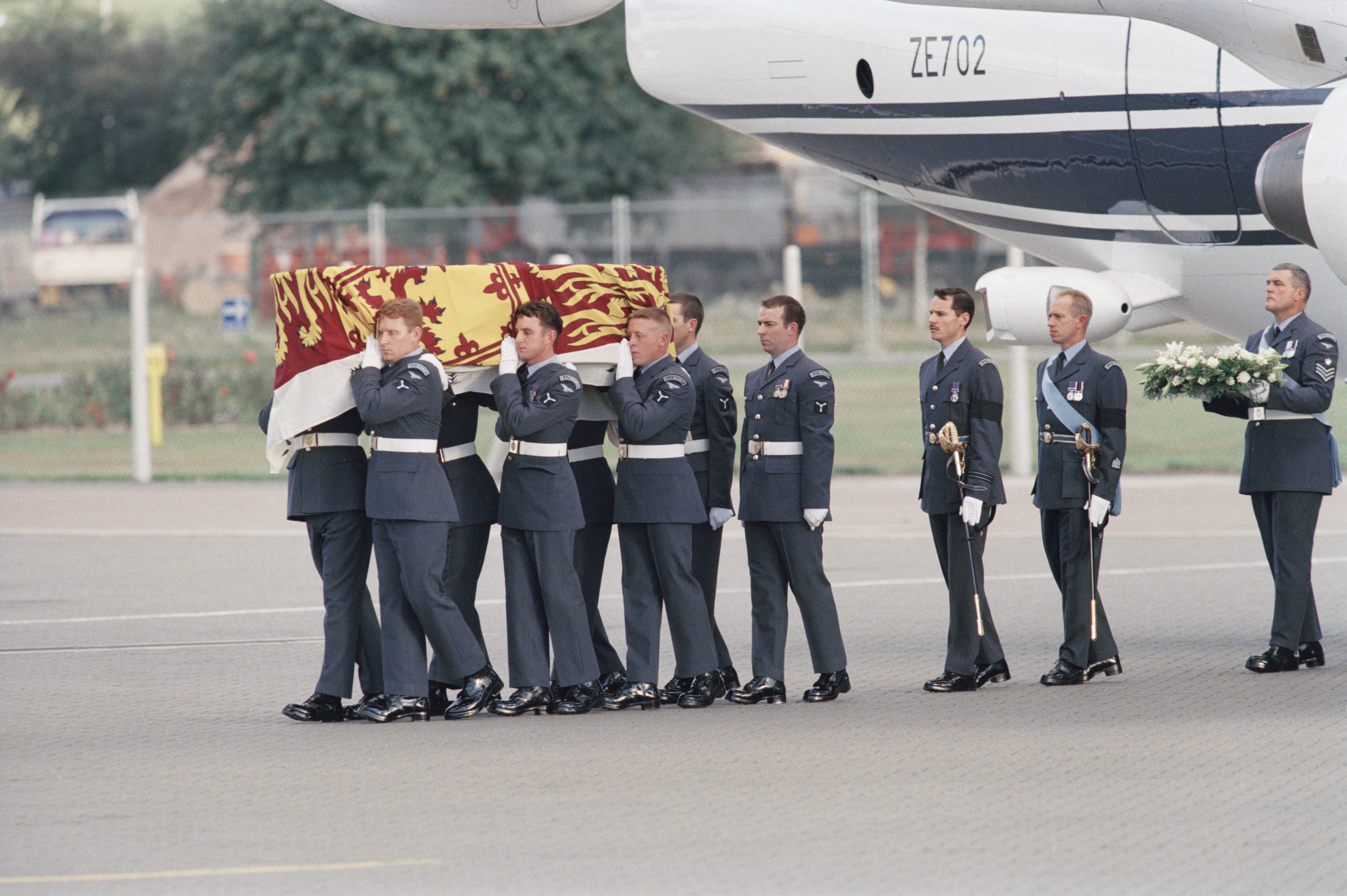 The coffin of Diana, Princess of Wales (1961 – 1997) arriving at RAF Northolt, from Paris after her death in a car crash on <meta charset="utf-8">Aug. 31, 1997