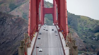 Morning commute traffic drives over the Golden Gate Bridge
