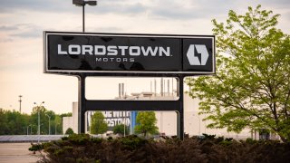 Signage outside Lordstown Motors Corp. headquarters in Lordstown, Ohio, on Saturday, May 15, 2021.