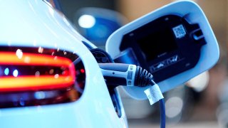 A charging port is seen on a Mercedes Benz EQC 400 4Matic electric vehicle at the Canadian International AutoShow in Toronto, Ontario, Canada, February 13, 2019.