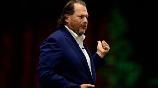Marc Benioff, co-chief executive officer of Salesforce.com Inc., speaks during a keynote at the 2022 Dreamforce conference in San Francisco on Sept. 20, 2022. Tens of thousands of techies will frolic through kitschy national park-themed decorations in San Francisco’s downtown this week as Salesforce Inc.’s annual Dreamforce conference returns in full after two pandemic years.