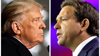 Former U.S. President Donald Trump and Florida Governor Ron DeSantis speak at midterm election rallies, in Dayton, Ohio, U.S. November 7, 2022 and Tampa, Florida, U.S., November 8, 2022 in a combination of file photos. 
