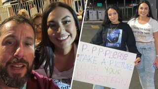 A photo of an Adam Sandler fan holding a sign that says "Please take a picture with your biggest fan," next to a selfie of the fan with Adam Sandler.