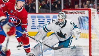 Kaapo Kahkonen (36) of the San Jose Sharks makes the save during the third period of the NHL game between the San Jose Sharks and the Montreal Canadiens on November 29, 2022, at the Bell Centre in Montreal, QC(Photo by Vincent Ethier/Icon Sportswire via Getty Images)