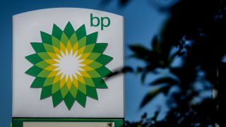 The BP logo displayed outside a gas station in England on August 15, 2022.