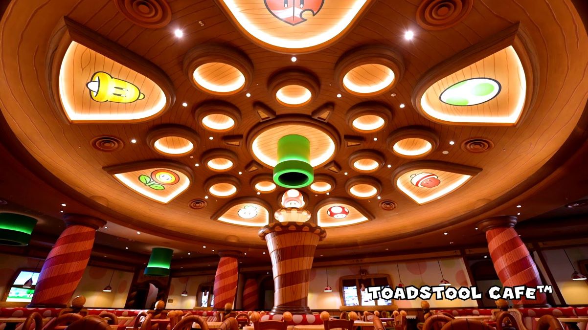 This image depicts the Toadstool Cafe inside Super Nintendo World at Universal Studios Hollywood.