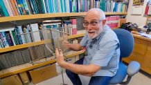 Todd Dawson shows off an easy-to-build fog collector he designed for research purposes. It uses wind and gravity to capture tiny water droplets from fog and collect them in a bottle to be analyzed later.