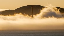 Low springtime fog enters the Golden Gate on a sunny afternoon, photographed from Treasure Island. Across the Bay, Berkeley is one of the first spots to feel a chill in the air when this happens.