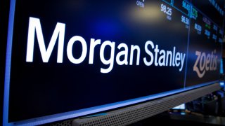 A screen displays the trading information for Morgan Stanley on the floor of the New York Stock Exchange (NYSE), January 19, 2022.