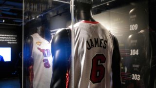 LeBron James game-worn jersey from the athletes NBA finals game 7 victory over the Miami Heat in 2013, is on display during a press preview at Sotheby’s auction House on January 20, 2023, in New York City.