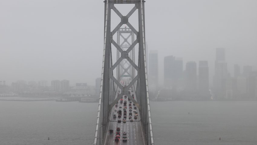 SAN FRANCISCO, CA – JANUARY 13: Cars commute on San Francisco-Oakland Bay Bridge during heavy rain in San Francisco on January 13, 2023 as atmospheric river storms hit California, United States. (Photo by Tayfun Coskun/Anadolu Agency via Getty Images)