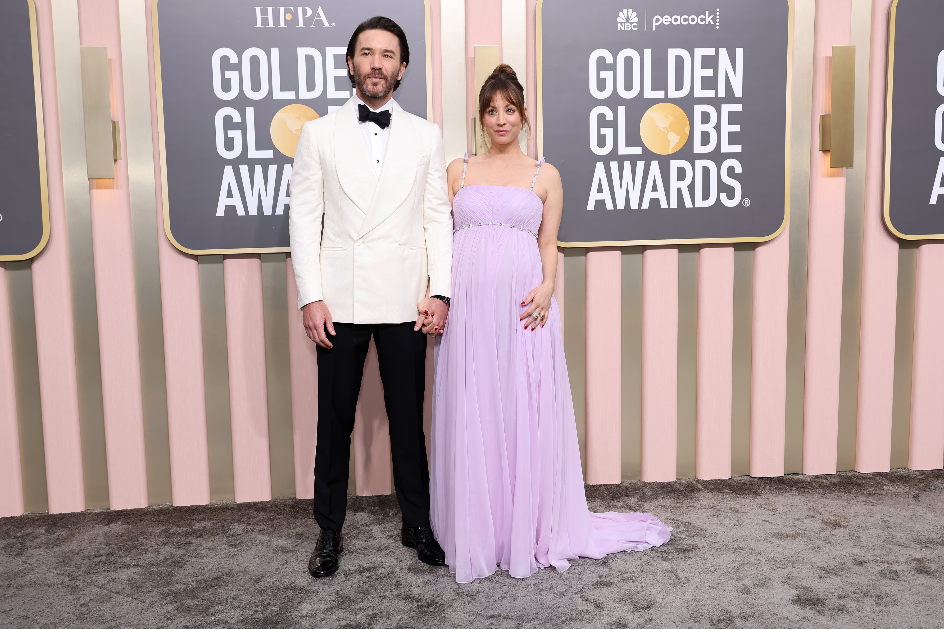 Tom Pelphrey and Kaley Cuoco attends the 80th Annual Golden Globe Awards at The Beverly Hilton on Jan. 10, 2023, in Beverly Hills, California.