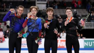 SAN JOSE, CALIFORNIA – JANUARY 29: (L-R) Silver medalist Jason Brown, gold medalist Ilia Malinin, bronze medalist Andrew Torgashev and pewter medalist Maxim Naumov pose with their medals following the Championship Men’s competition on day four of the 2023 TOYOTA U.S. Figure Skating Championships at SAP Center on January 29, 2023 in San Jose, California. (Photo by Ezra Shaw/Getty Images)