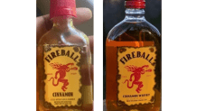 Une bouteille de Fireball Cinnamon, à gauche ;  Fireball Cinnamon Whisky, à droite.