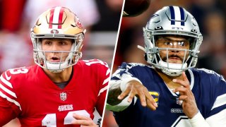 49ers quarterback Brock Purdy, left, and the Cowboys' Dak Prescott, right.