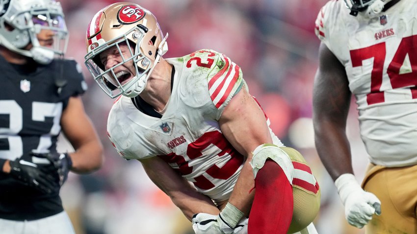 LAS VEGAS, NEVADA – JANUARY 01: Christian McCaffrey #23 of the San Francisco 49ers reacts after a run against the Las Vegas Raiders during the fourth quarter at Allegiant Stadium on January 01, 2023 in Las Vegas, Nevada. (Photo by Chris Unger/Getty Images)