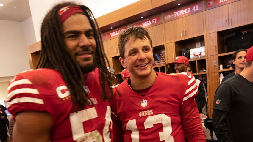 SANTA CLARA, CA – DECEMBER 4: Brock Purdy #13 and Fred Warner #54 of the San Francisco 49ers in the locker room after the game against the Miami Dolphins at Levi’s Stadium on December 4, 2022 in Santa Clara, California. The 49ers defeated the Dolphins 33-17. (Photo by Michael Zagaris/San Francisco 49ers/Getty Images)