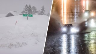 Snow piled up in Mammoth Lakes and standing water on Interstate 101 in San Francisco.