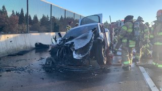 Sacramento firefighters respond to a fire after a Tesla car battery "spontaneously" burst into flames