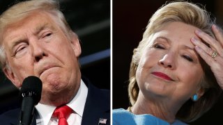 presidential candidates Donald Trump and Hillary Clinton attend campaign rallies in Ambridge, Pennsylvania, October 10, 2016 and Manchester, New Hampshire U.S., October 24, 2016 in a combination of file photos.