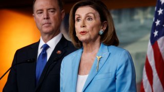House Speaker Nancy Pelosi (D-CA) speaks during a weekly news conference with House Intelligence Committee Chairman Adam Schiff (D-CA) on October 2, 2019, on Capitol Hill in Washington, DC.
