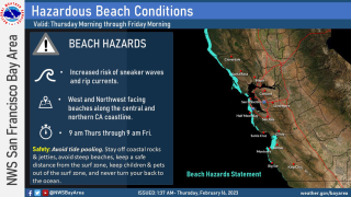 A beach hazards alert issued early Thursday, Feb. 16, 2023 (National Weather Service via Bay City News)