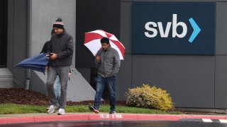 A sign is posted in front of the Silicon Valley Bank (SVB) headquarters on March 10, 2023 in Santa Clara, California.