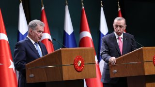 Turkish President Recep Tayyip Erdogan (R) and Finnish President Sauli Niinisto (L) deliver a joint press conference held after their meeting at the Presidential Complex in Ankara, on March 17, 2023.