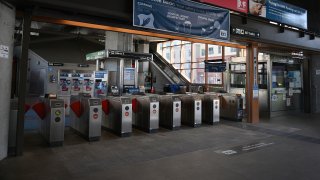 Fare gates at a BART station.