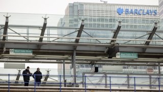The headquarters of Barclays Plc beyond the West India Quay Docklands Light Railway station in the Canary Wharf financial district in London, UK, on Monday, March 20, 2023.