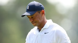 Tiger Woods of the United States reacts on the eighth green during the first round of the 2023 Masters Tournament at Augusta National Golf Club on April 6, 2023 in Augusta, Ga.