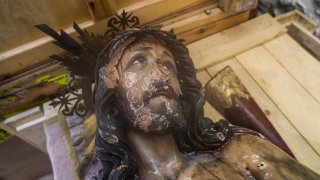 FILE – A damaged statue of Jesus in the Church of the Flagellation in Jerusalem’s Old City, Thursday, Feb. 2, 2023. Israeli police on Thursday arrested an American tourist after he allegedly pulled down and and smashed a statue of Jesus in a church in Jerusalem’s Old City, in what Christians condemned as an attack on their faith. The head of the Roman Catholic Church in the Holy Land has warned in an interview that the rise of Prime Minister Benjamin Netanyahu’s far-right government has made life worse for Christians in the birthplace of Christianity. (AP Photo/Mahmoud Illean, File)