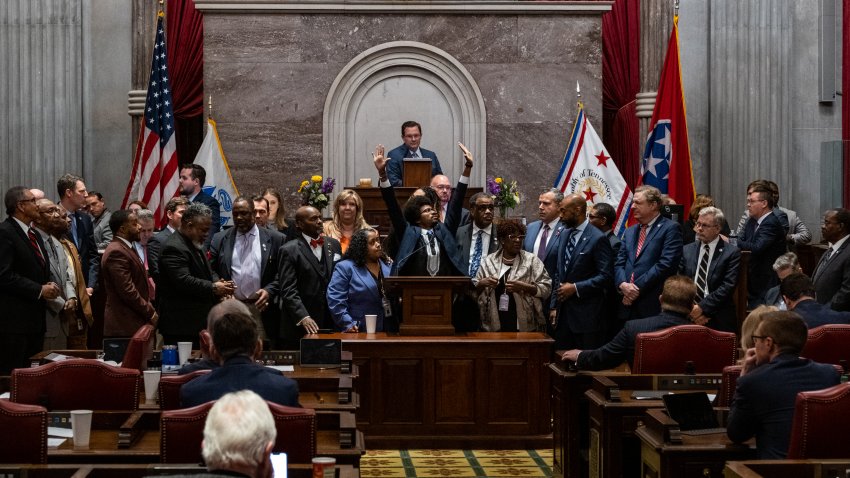 Democratic state Rep. Justin Pearson of Memphis acknowledges supporters after being expelled from the state Legislature on April 6, 2023 in Nashville, Tennessee.