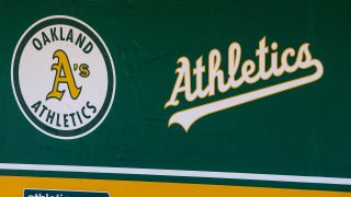 General view of the Oakland Athletics logos.