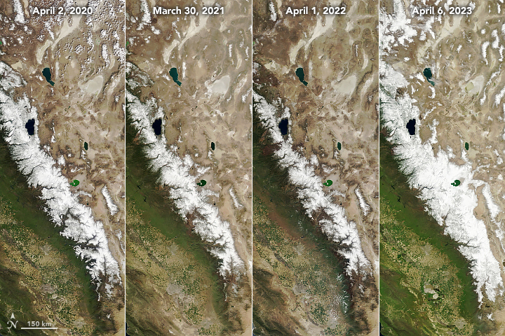 Sierra Nevada spring snowpack in 2020, 2021, 2022 and 2023.