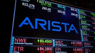 A monitor displays Arista Networks Inc. signage on the floor of the New York Stock Exchange (NYSE) in New York, U.S., on Friday, Aug. 24, 2018.