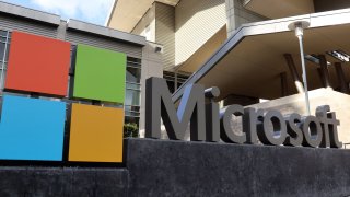Microsoft logo seen at its building in Redmond, Washington.