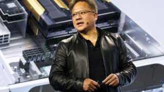 Jen-Hsun Huang, president and chief executive officer of Nvidia Corp., announces the EGX Edge Supercomputing Platform during the company’s event at Mobile World Congress Americas in Los Angeles, California, Oct. 21, 2019.