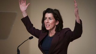 Gina Raimondo, US secretary of commerce, speaks at Georgetown University’s School of Foreign Service in Washington, DC, on Thursday, Feb. 23, 2023.