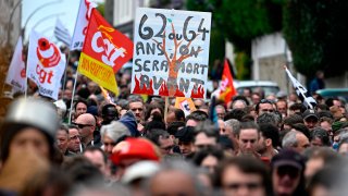 Protestors take part in a May Day demonstration on Rennes, France, on May 1, 2023.