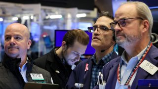 Traders work on the floor of the New York Stock Exchange (NYSE) in New York City, May 4, 2023.