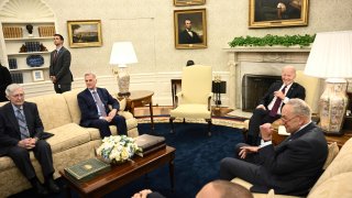 US President Joe Biden meets with US Speaker of the House Kevin McCarthy, House Minority Leader Hakeem Jeffries, Senate Majority Leader Chuck Schumer and Senate Minority Leader Mitch McConnell in the Oval Office of the White House in Washington, DC, on May 9, 2023.