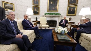 U.S. Senate Minority Leader Mitch McConnell, R-Ky.; Speaker of the House Kevin McCarthy, R-Calif.; President Joe Biden; and Senate Majority Leader Chuck Schumer, D-N.Y., meet in the Oval Office on May 9, 2023 to discuss the debt ceiling.