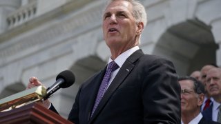 U.S Speaker of the House Kevin McCarthy (R-CA) speaks to reporters as he stands with Congressional Republicans from both the U.S. House and Senate during an event addressing debt ceiling negotiations with President Joe Biden outside the U.S. Capitol in Washington, U.S., May 17, 2023.