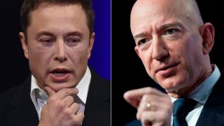 Elon Musk, founder of SpaceX, left, and Amazon and Blue Origin founder Jeff Bezos.