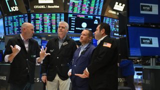 A trader on the floor at the New York Stock Exchange (NYSE) in New York during the opening bell on May 22, 2023.