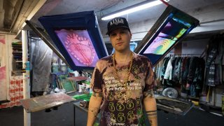 Doobie Duke Sims in Brooklyn-based print shop Snow Milk, where he designs one-of-a-kind streetwear.